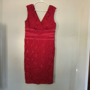 MARINA Red Sleeveless Lace Midi Dress